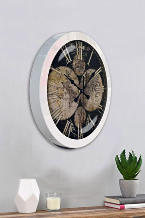 36 Cm Beyaz Metal Dünya Haritası Duvar Saati