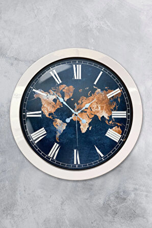 36 Cm Beyaz Metal Dünya Haritası Duvar Saati