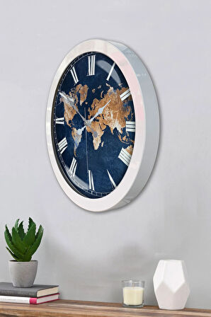 36 Cm Beyaz Metal Dünya Haritası Duvar Saati