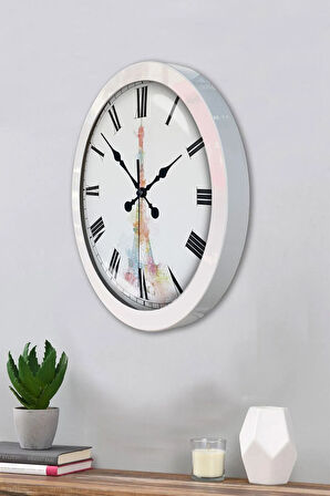 36 Cm Beyaz Metal Eyfel Kulesi Duvar Saati