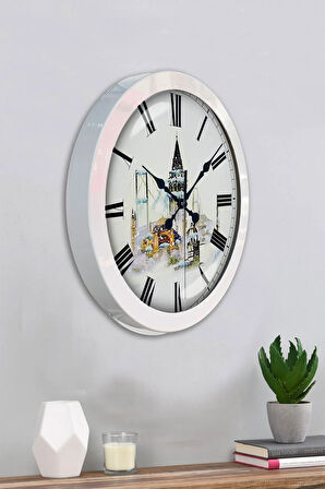 36 Cm Beyaz Metal Kız Kulesi Duvar Saati