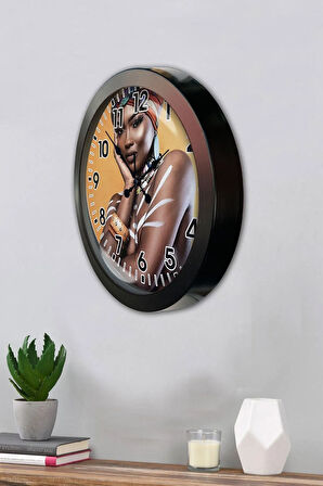 36 Cm Siyah Metal Afrikalı Kadın Duvar Saati