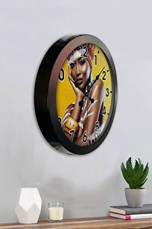 36 Cm Siyah Metal Afrikalı Kadın Duvar Saati