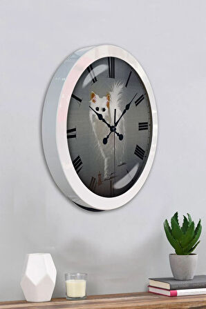 Hediyelik 36 Cm Beyaz Metal Kedi Duvar Saati