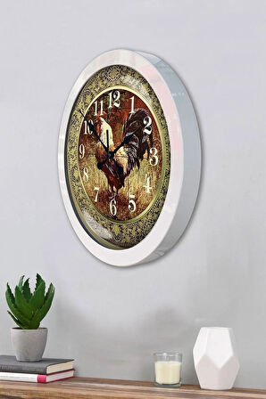 Hediyelik 36 Cm Beyaz Metal Horoz Duvar Saati
