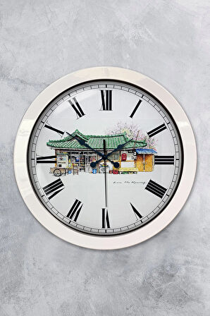 36 Cm Beyaz Metal Köy Bakkalı Duvar Saati