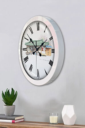 36 Cm Beyaz Metal Köy Bakkalı Duvar Saati