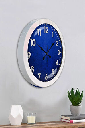 Hediyelik 36 Cm Beyaz Metal Mavi Duvar Saati