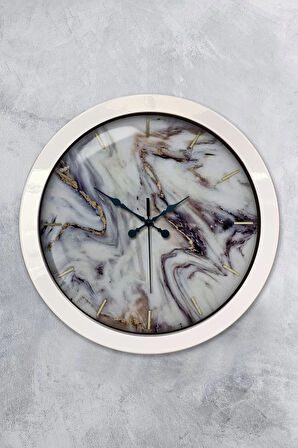 36 Cm Beyaz Metal Mermer Desenli Duvar Saati