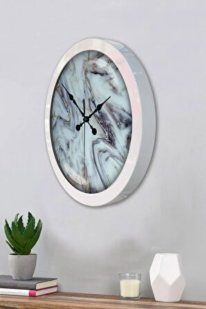 36 Cm Beyaz Metal Mermer Desenli Duvar Saati