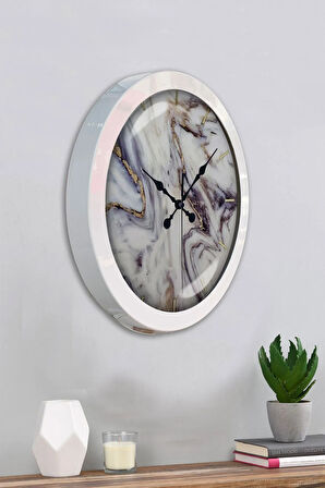 36 Cm Beyaz Metal Mermer Desenli Duvar Saati