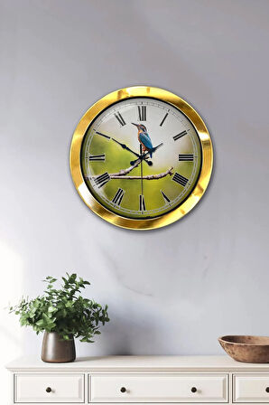 36 Cm Gold Metal Dalda Kuş Duvar Saati