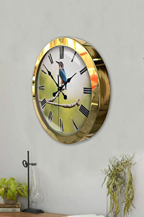 36 Cm Gold Metal Dalda Kuş Duvar Saati