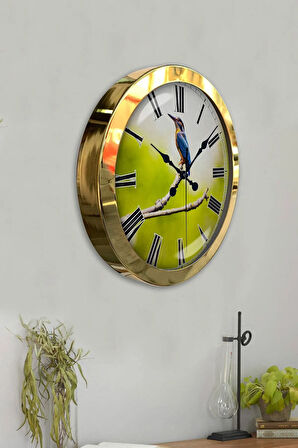 36 Cm Gold Metal Dalda Kuş Duvar Saati