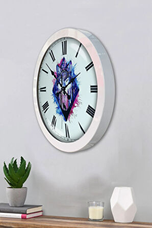 Hediyelik 36 Cm Beyaz Metal Kurt Duvar Saati