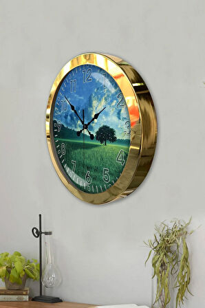 36 Cm Gold Metal Doğal Yaşam Duvar Saati
