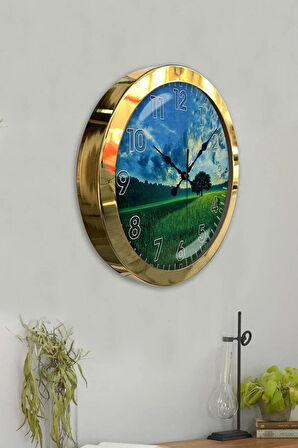 36 Cm Gold Metal Doğal Yaşam Duvar Saati
