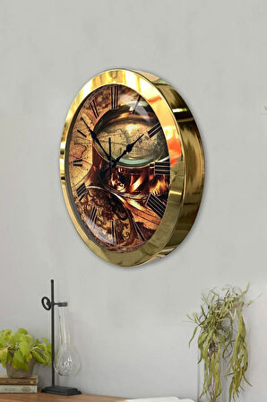 Hediyelik 36 Cm Gold Metal Harita Duvar Saati