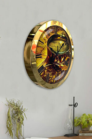 Hediyelik 36 Cm Gold Metal Harita Duvar Saati