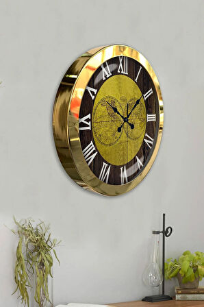 36 Cm Gold Metal World Maps Duvar Saati