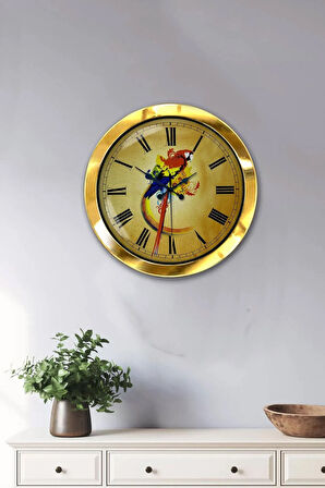 Hediyelik 36 Cm Gold Metal Papağan Duvar Saati