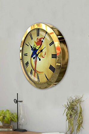 Hediyelik 36 Cm Gold Metal Papağan Duvar Saati