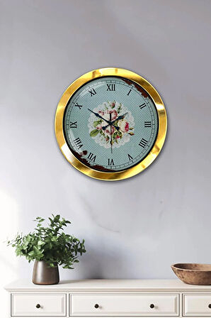 36 Cm Gold Metal Pink Rose Duvar Saati