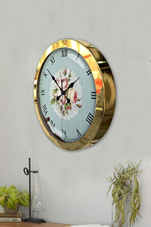 36 Cm Gold Metal Pink Rose Duvar Saati