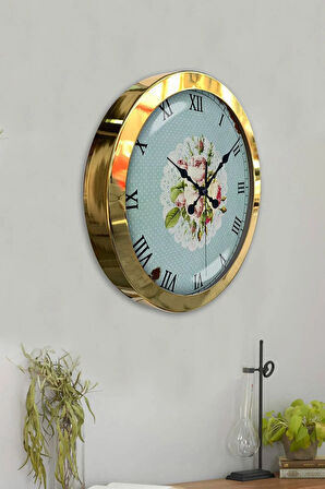 36 Cm Gold Metal Pink Rose Duvar Saati