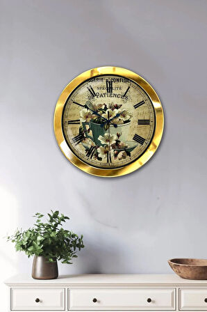 Hediyelik 36 Cm Gold Metal Flowers Duvar Saati