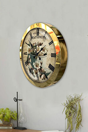 Hediyelik 36 Cm Gold Metal Flowers Duvar Saati