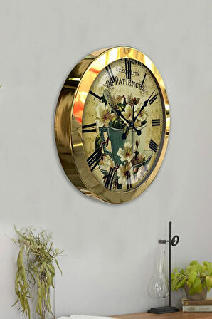 Hediyelik 36 Cm Gold Metal Flowers Duvar Saati