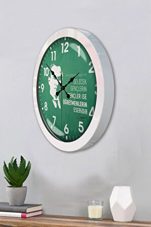 36 Cm Beyaz Metal Öğretmenler Günü Duvar Saati