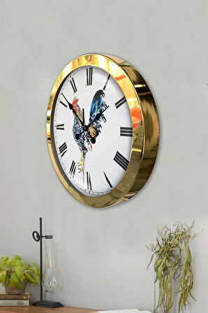 Hediyelik 36 Cm Gold Metal Horoz Duvar Saati