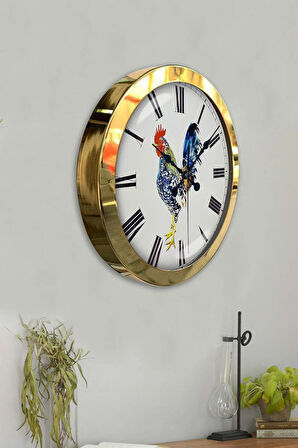 Hediyelik 36 Cm Gold Metal Horoz Duvar Saati