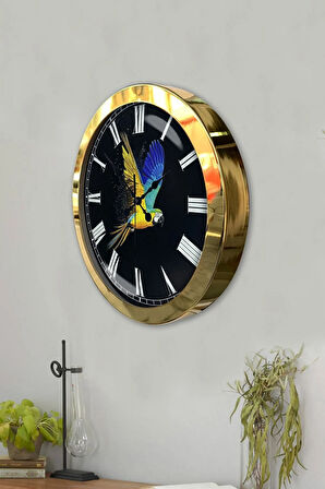 Hediyelik 36 Cm Gold Metal Papağan Duvar Saati