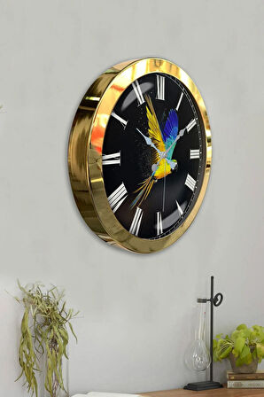 Hediyelik 36 Cm Gold Metal Papağan Duvar Saati