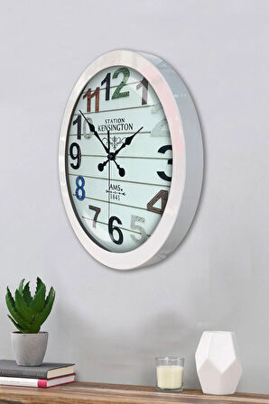 36 Cm Beyaz Metal Renkli Sayı Duvar Saati