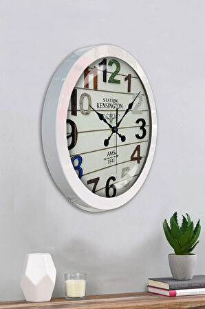 36 Cm Beyaz Metal Renkli Sayı Duvar Saati