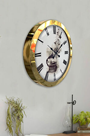 Hediyelik 36 Cm Gold Metal Müzik Duvar Saati