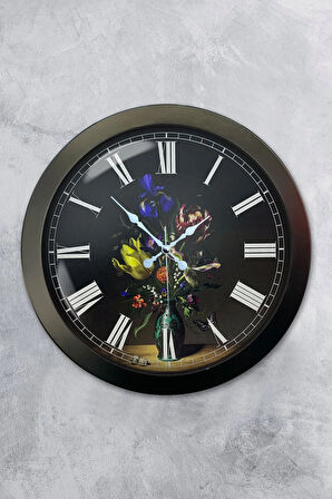 36 Cm Siyah Metal Vazolu Çiçek Duvar Saati