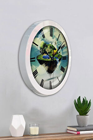 36 Cm Beyaz Metal Yeşil Doğa Duvar Saati