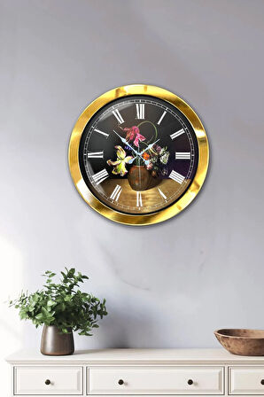 36 Cm Gold Metal Vazolu Çiçek Duvar Saati