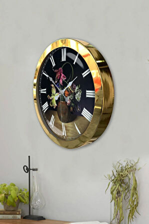 36 Cm Gold Metal Vazolu Çiçek Duvar Saati