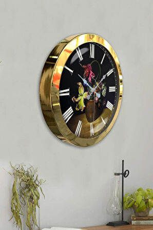 36 Cm Gold Metal Vazolu Çiçek Duvar Saati
