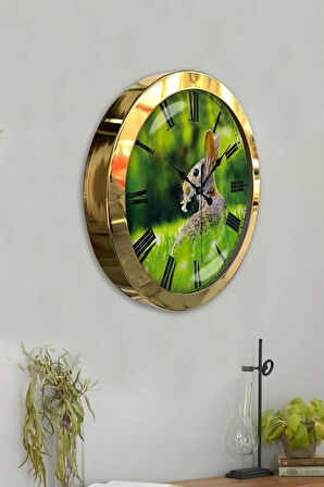 Hediyelik 36 Cm Gold Metal Tavşan Duvar Saati