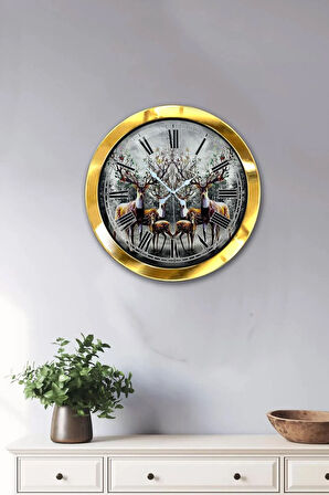Hediyelik 36 Cm Gold Metal Geyik Duvar Saati