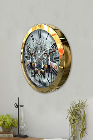 Hediyelik 36 Cm Gold Metal Geyik Duvar Saati