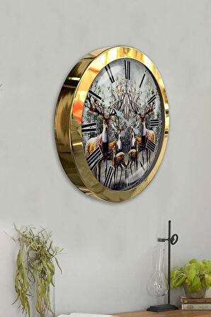 Hediyelik 36 Cm Gold Metal Geyik Duvar Saati