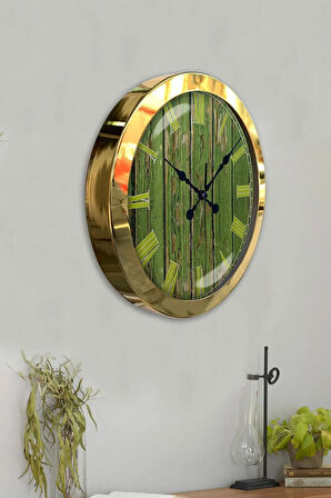 36 Cm Gold Metal Yeşil Desen Duvar Saati